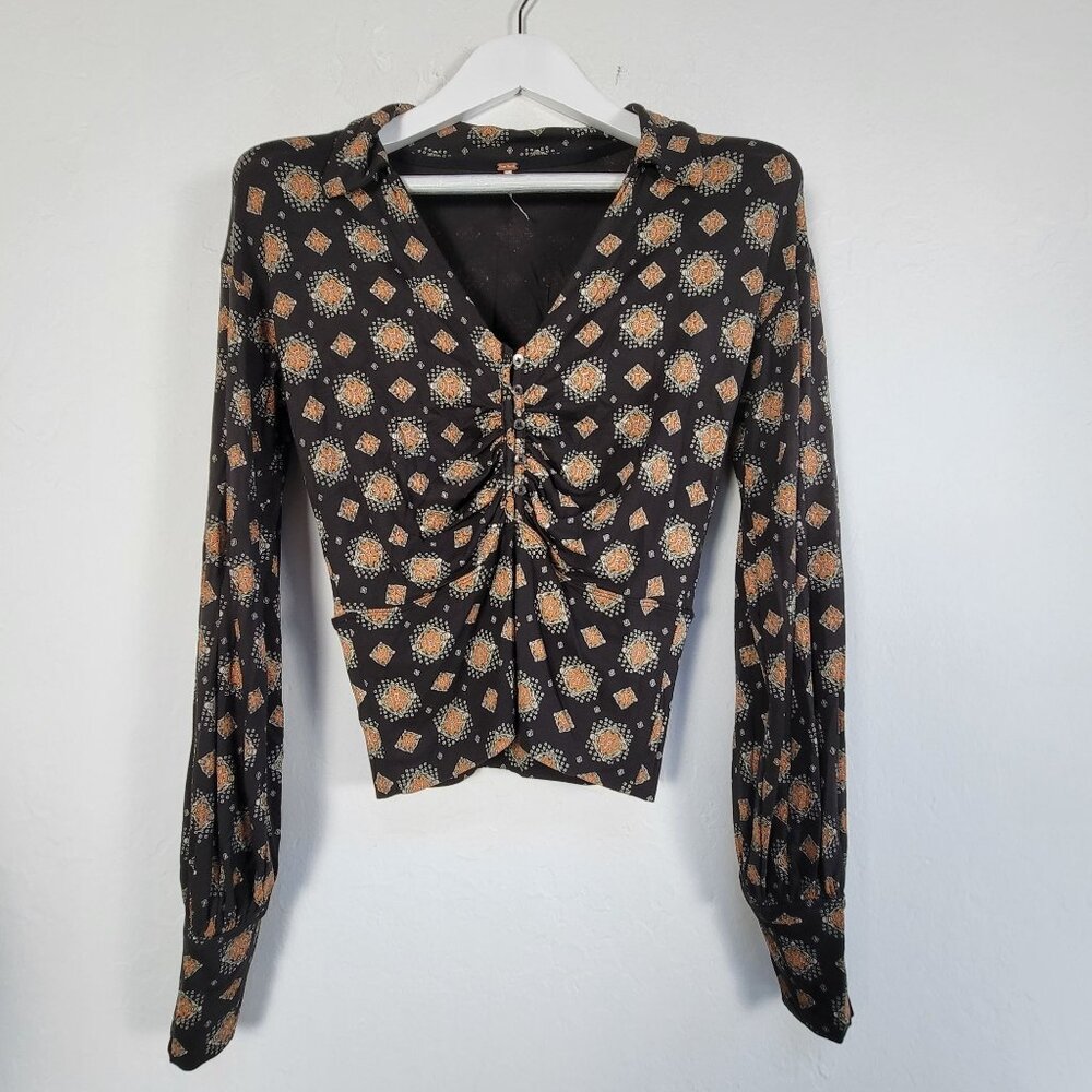 Free People Womens Sydney Print Ruched Pullover Blouse Small Brown Long Sleeve